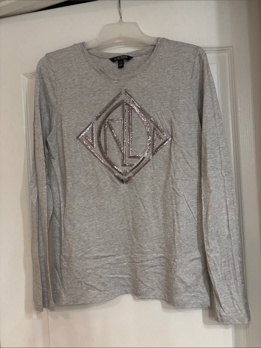 Lauren Ralph Lauren Light Gray Long Sleeve Sequin Logo Tee